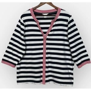 CJ Banks Womens 1X Navy Blue White Striped 3/4 Sleeve Top Red Trim Nautical